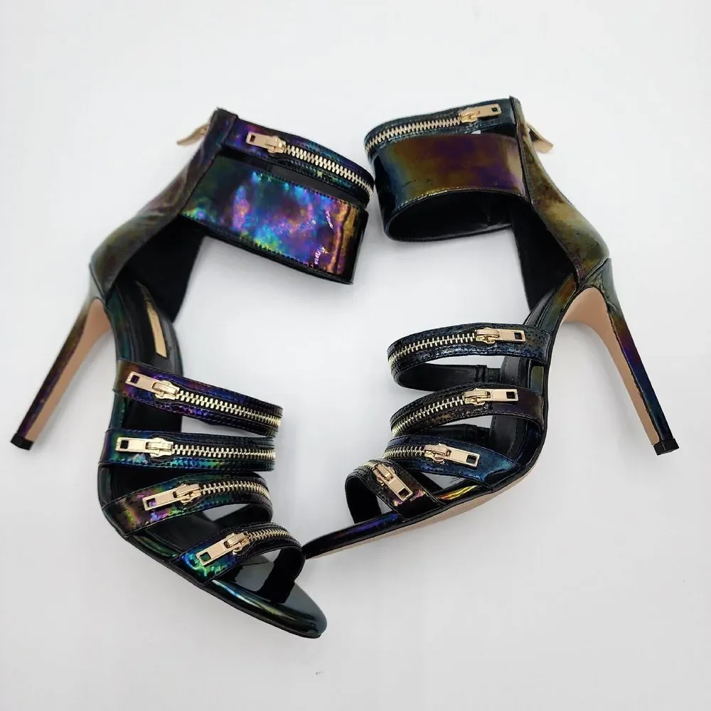 BCBGeneration Casey Strappy Ankle Sandals Open Toe Black Hologram Patent 7.5‎ M